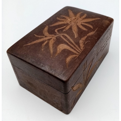 473 - WW2 Period Hand Carved Edelweiss Flower on a wooden box. Marked “SS Lazarett” (SS Hospital 1944) May... 