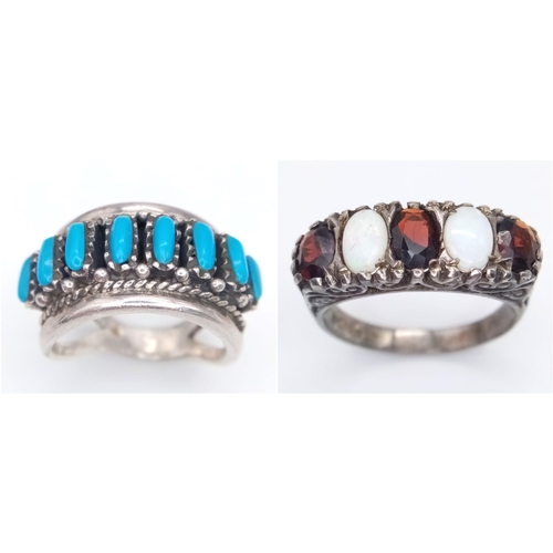 1353 - A sterling silver Opal and Garnet ring, size P/Q & a silver Turquoise ring (AF). Total weight 13.3G.... 