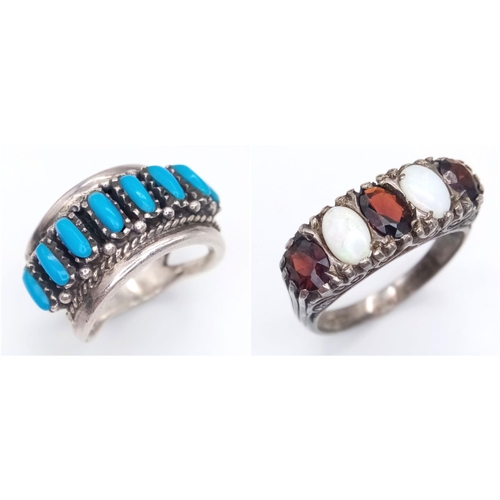 1353 - A sterling silver Opal and Garnet ring, size P/Q & a silver Turquoise ring (AF). Total weight 13.3G.... 