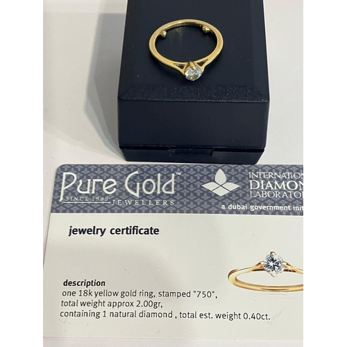 167 - 18 carat GOLD and DIAMOND SOLITAIRE RING. Originally purchased in Dubai and comes complete with cert... 