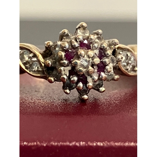 42 - Vintage 9 carat GOLD ,DIAMOND and RUBY CLUSTER RING with sparkling Diamond Shoulders.  Full UK hallm... 