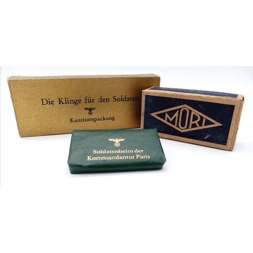 432 - WW2 German razor (new in packet) box of unopened razor blades and an unopened bar of soap.