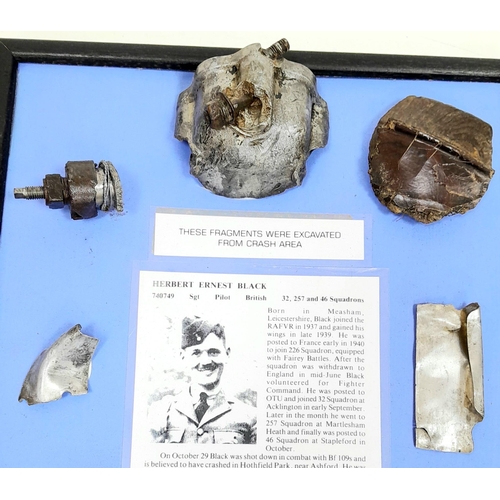 445 - Framed Battle of Britain Hawker Hurricane Fragments that was shot down on the 29th October 1940