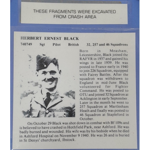 445 - Framed Battle of Britain Hawker Hurricane Fragments that was shot down on the 29th October 1940