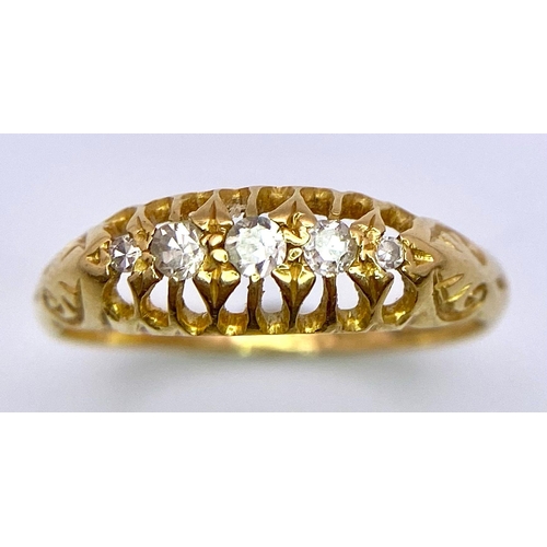 575 - 18K YELLOW GOLD VINTAGE 5 STONE DIAMOND RING. 0.15CT APPROX 
WEIGHT: 2.4G 
SIZE O

SC 5037