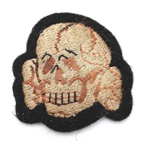 740 - WW2 German Hand Embroidered Waffen SS Totenkopf Deaths Head Overseas Cap Badge.