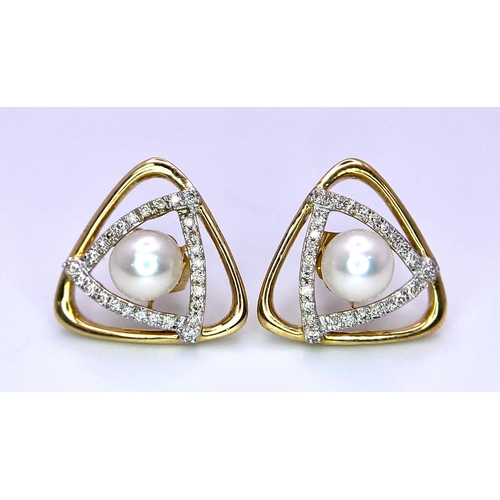 623 - A Pair of 9K Yellow Gold Triangular Cultured Pearl and Diamond Stud Earrings. Diamonds - 0.20ctw. Bo... 