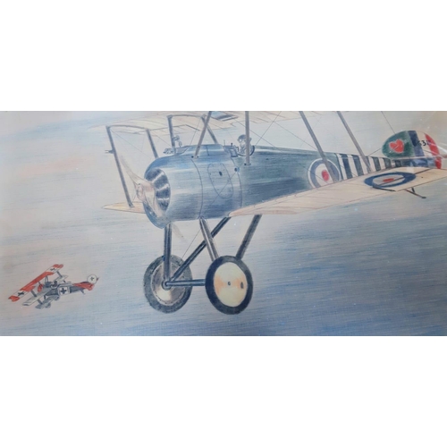 1249 - An Antique Hand Drawn Coloured Sketch of a Sopwith Camel in Combat as flown by Captain W.G Barker V.... 