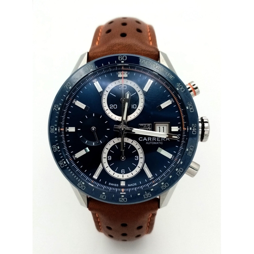 129 - A Tag Heuer Carrera Automatic Gents Chronograph Watch. 
Brown leather strap. Stainless steel case - ... 