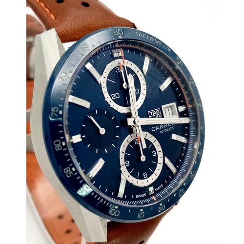 129 - A Tag Heuer Carrera Automatic Gents Chronograph Watch. 
Brown leather strap. Stainless steel case - ... 