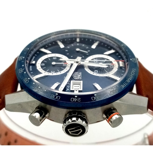 129 - A Tag Heuer Carrera Automatic Gents Chronograph Watch. 
Brown leather strap. Stainless steel case - ... 