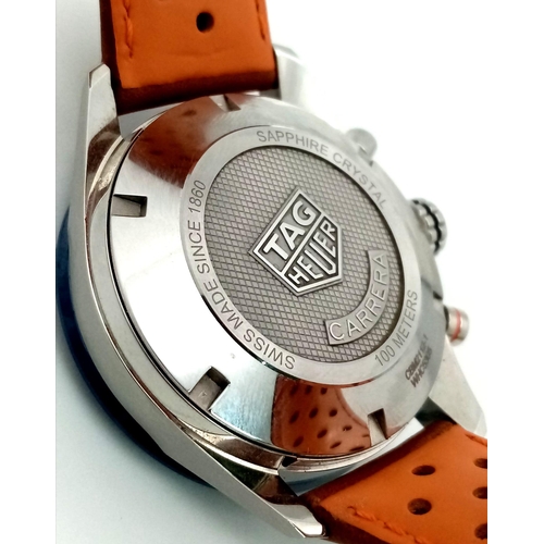 129 - A Tag Heuer Carrera Automatic Gents Chronograph Watch. 
Brown leather strap. Stainless steel case - ... 