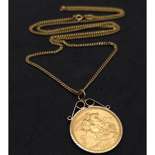 51 - A 1958 GOLD SOVEREIGN IN A 9K GOLD SETTING AND ON A 50cm GOLD CHAIN .    14.11gms