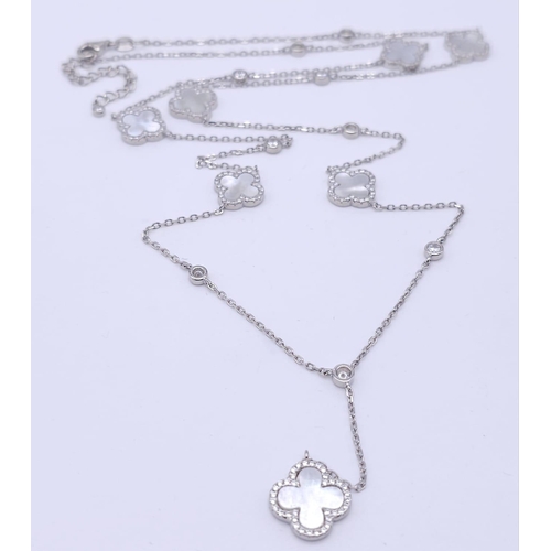 661 - A Long Silver Necklace Alternately Set with Mother of Pearl and White Round CZ Stones. 70cm. Ref: 70... 