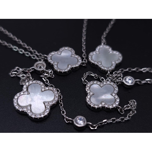 661 - A Long Silver Necklace Alternately Set with Mother of Pearl and White Round CZ Stones. 70cm. Ref: 70... 