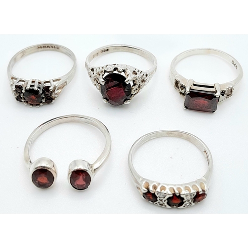 829 - Sterling Silver set of 5 Red Stone Rings. 12.9g total weight.  All Size N. Ref: SH6891H