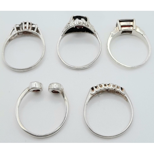 829 - Sterling Silver set of 5 Red Stone Rings. 12.9g total weight.  All Size N. Ref: SH6891H