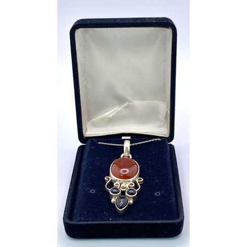 880 - A Vintage or Antique Sterling Silver Carnelian and Onyx Set Pendant Necklace. 48cm Length Sterling S... 