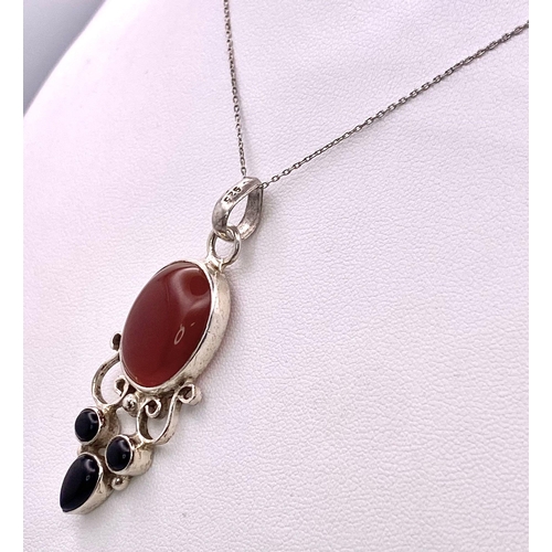 880 - A Vintage or Antique Sterling Silver Carnelian and Onyx Set Pendant Necklace. 48cm Length Sterling S... 