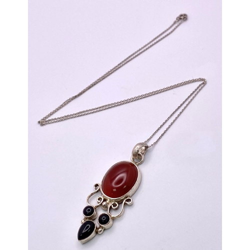 880 - A Vintage or Antique Sterling Silver Carnelian and Onyx Set Pendant Necklace. 48cm Length Sterling S... 