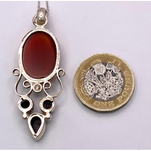 880 - A Vintage or Antique Sterling Silver Carnelian and Onyx Set Pendant Necklace. 48cm Length Sterling S... 