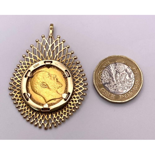 9 - A 1904 SOVEREIGN COIN MOUNTED IN A 9K GOLD FILIGREE SETTING .   14.3gms