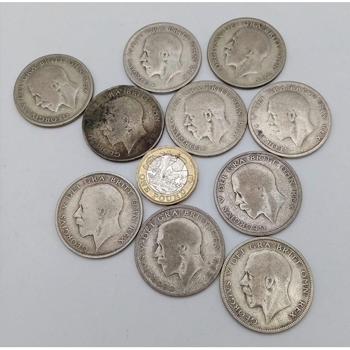 940 - A Parcel of 10 Pre-1947 Half Crown Coins-Dates 1921 to 1929. 
137.01 Grams.