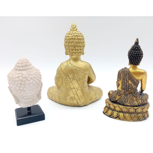 994 - A Parcel of Three Gold Tone & Stone Resin Buddha Figures 10-14cm Tall.