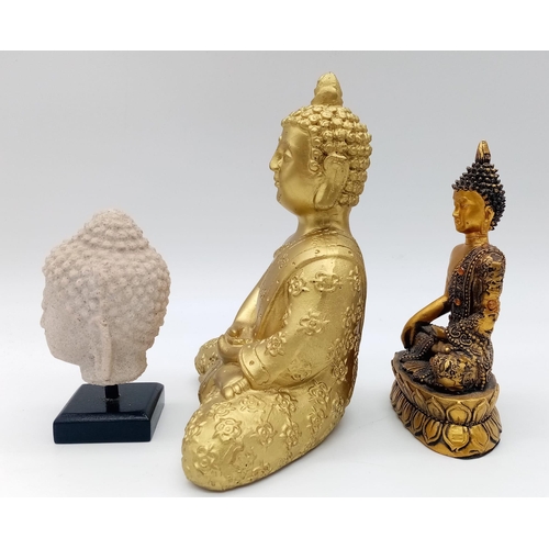 994 - A Parcel of Three Gold Tone & Stone Resin Buddha Figures 10-14cm Tall.