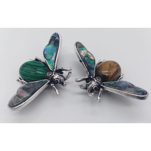 1187 - Two Gemstone Bee Brooches - Marcasite and Tigers Eye. With decorative shell wings. 5cm wingspan.