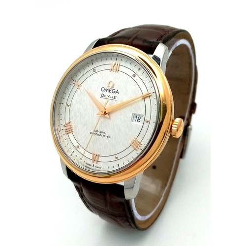 122 - An Omega Deville Prestige Co-Axial Gents Watch. Brown leather strap. Gilded stainless steel case - 3... 