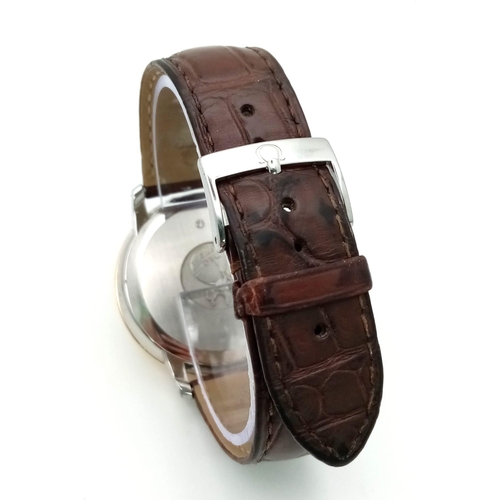 122 - An Omega Deville Prestige Co-Axial Gents Watch. Brown leather strap. Gilded stainless steel case - 3... 