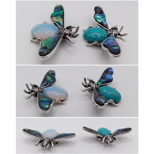 1664 - Two Gemstone Bee Brooches - Turquoise and Opalite. With decorative shell wings. 5cm wingspan.