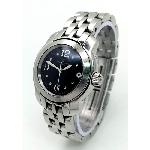 281 - A BAUME AND MERCIER LADIES STAINLESS STEEL WRIST WATCH WITH BLACK DIAL , DATE BOX , AUTOMATIC MOVEME... 