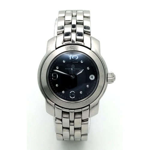 281 - A BAUME AND MERCIER LADIES STAINLESS STEEL WRIST WATCH WITH BLACK DIAL , DATE BOX , AUTOMATIC MOVEME... 