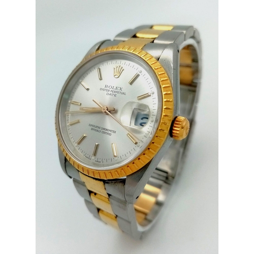 39 - THE CLASSIC ROLEX OYSTER PERPETUAL DATE AUTOMATIC BI-METAL GENTS WATCH WITH TASTEFUL SILVERTONE DIAL... 