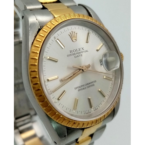 39 - THE CLASSIC ROLEX OYSTER PERPETUAL DATE AUTOMATIC BI-METAL GENTS WATCH WITH TASTEFUL SILVERTONE DIAL... 