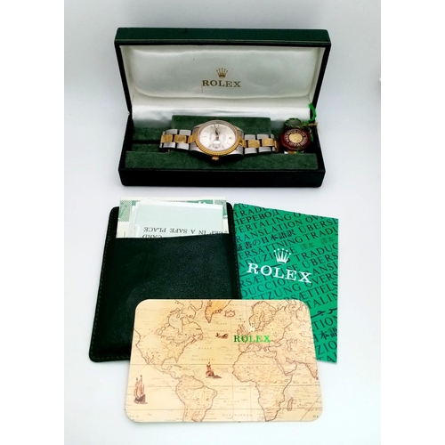 39 - THE CLASSIC ROLEX OYSTER PERPETUAL DATE AUTOMATIC BI-METAL GENTS WATCH WITH TASTEFUL SILVERTONE DIAL... 