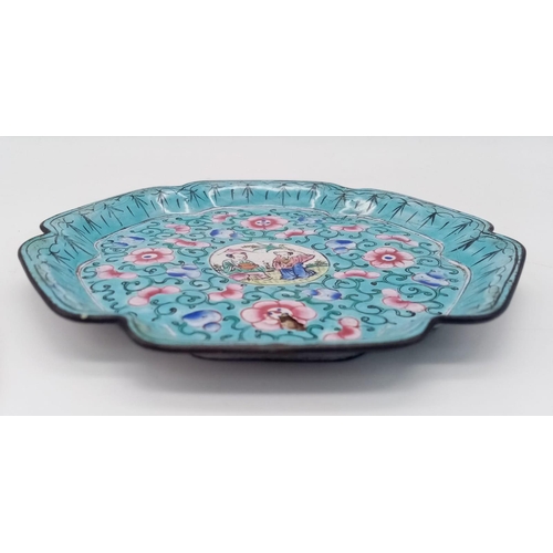 478 - Stunning Early 19th Century, possibly 18th, Canton Enamel Dish. Wonderful turquoise blue, depicting ... 