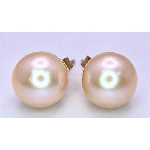 680 - A Pair of 9K Yellow Gold Pink Cultured Stud Earrings. Boxed. 
Ref: 5539