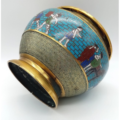 577 - Withdrawn - Very unusual antique Chinese heavy champlevé enamel Censer. 
Depicting gladiators battli... 