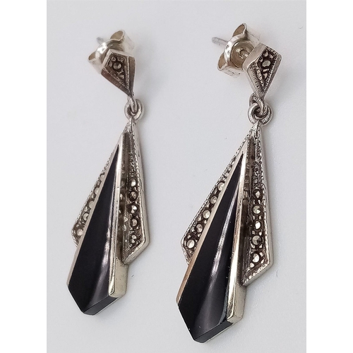 1081 - Vintage Sterling Silver, Art Deco Design, Onyx and Marcasite Pendant Earrings. 3.5cm Drop