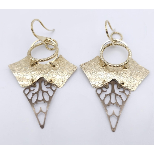 1164 - Sterling Silver Gilt Two Tone Ornate Detailed Earrings. 
6cm Drop, 3.5cm Max Width.