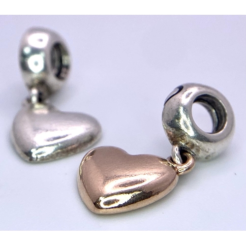 1197 - TWO PANDORA STERLING SILVER DOUBLE SHARED HEART CHARMS ENGRAVED 