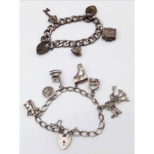 1339 - 2X vintage sterling silver charm bracelets with multiple charms such as Holly Bible, padlocks, squir... 