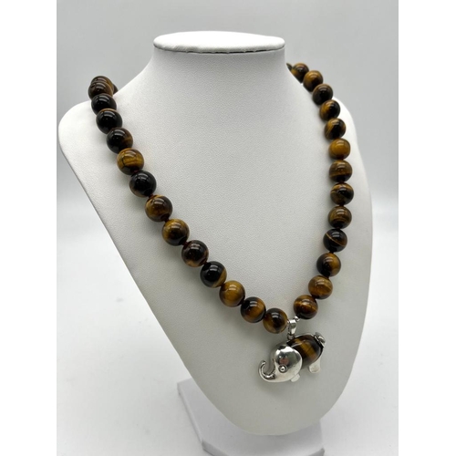 1507 - A Jungle-Esque Themed Tigers Eye Necklace with Hanging Tigers Eye Elephant Pendant! 12mm beads. Pend... 