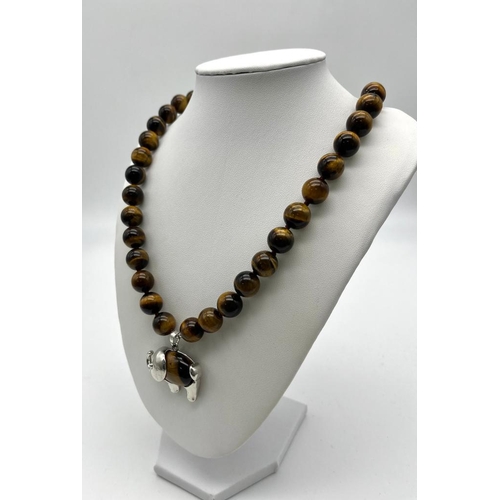 1507 - A Jungle-Esque Themed Tigers Eye Necklace with Hanging Tigers Eye Elephant Pendant! 12mm beads. Pend... 