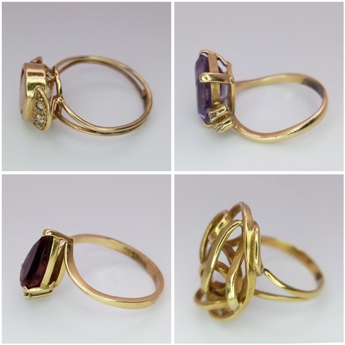 298 - Four 18K Yellow Gold Different Style Rings. A twisted abstract ring - size T, a citrine and diamond ... 