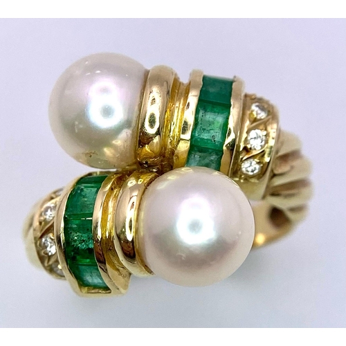 326 - A Fabulously Designed 14K Yellow Gold, Pearl, Diamond and Emerald Crossover Ring. Size N. 6.11g tota... 