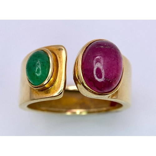 339 - A 14k Yellow Gold (tested) Emerald and Ruby Cabochon Ring. Size M. 5.63g total weight. Ref:14830